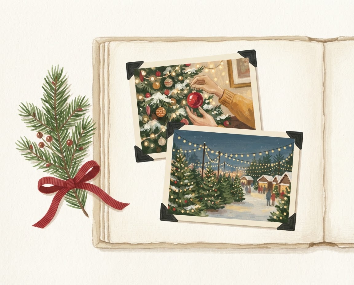 Illustration of a family loading a Christmas tree at the lot at dusk