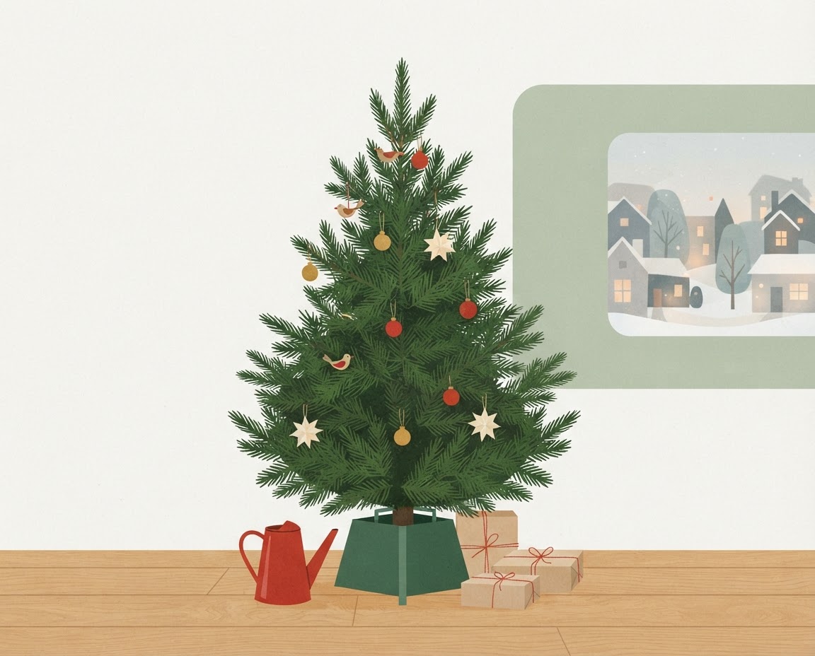 Illustration of a watering can beside a Christmas tree in a sturdy water reservoir stand