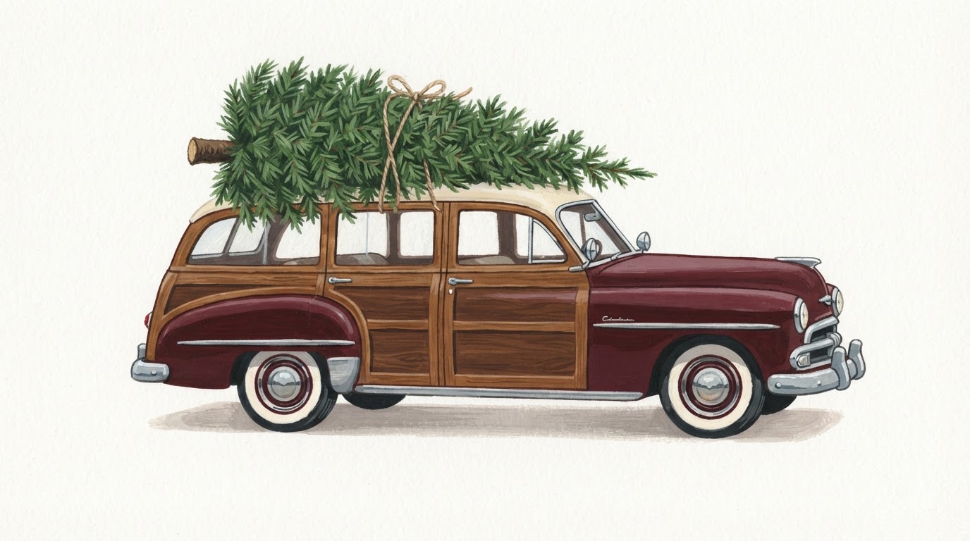 Illustration of a wood-panel wagon carrying a fresh Christmas tree